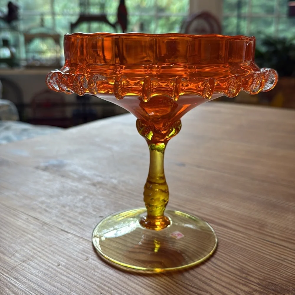Italian Handblown Orange & Yellow Murano Glass Compote, Bowl or Candy Dish - Picture 2 of 10